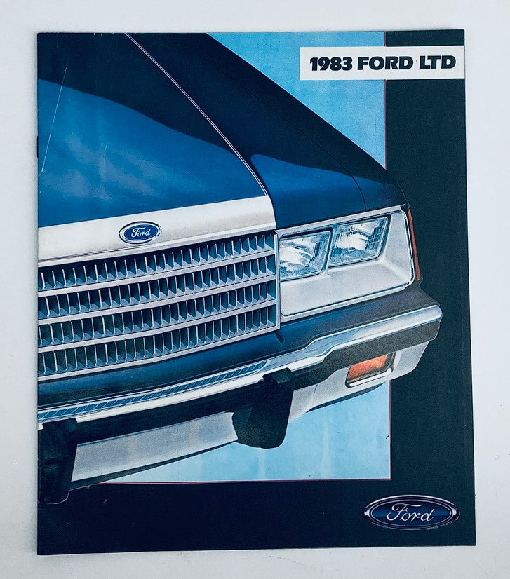 1983 Ford LTD Dealer Showroom Sales Brochure featuring a close-up of the car's front grille and headlights, showcasing details of the vehicle.