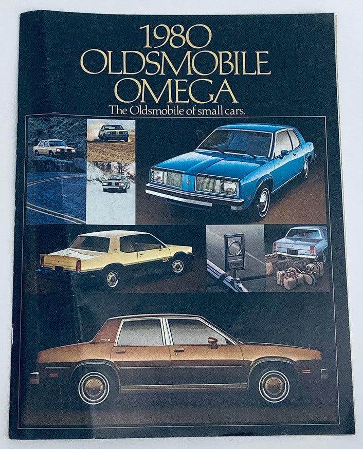1980 Oldsmobile Omega Dealer Showroom Sales Brochure Guide Catalog showcasing the Oldsmobile Omega in various colors and styles, including pictures of the vehicle from different angles.