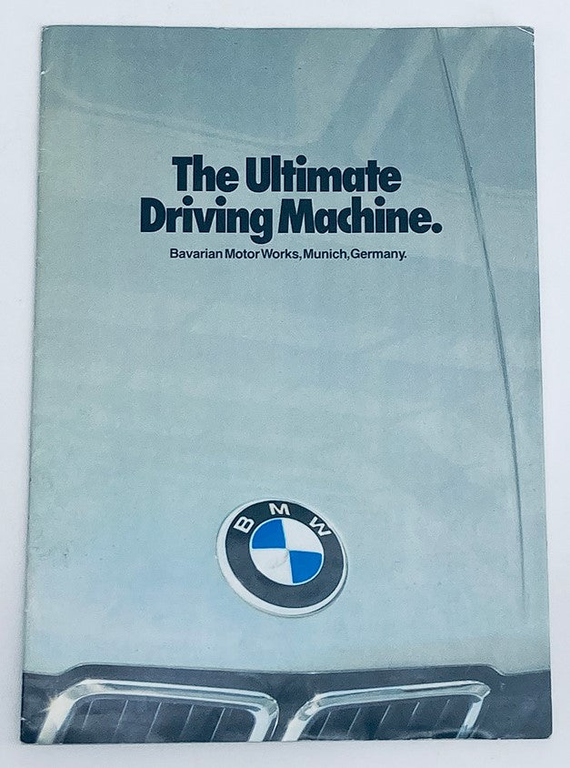1981 BMW M1 733i 528e 320i 633CSi Dealer Showroom Sales Brochure Catalog cover featuring the BMW logo and a sleek car design, promoting the brand's reputation as 'The Ultimate Driving Machine.'
