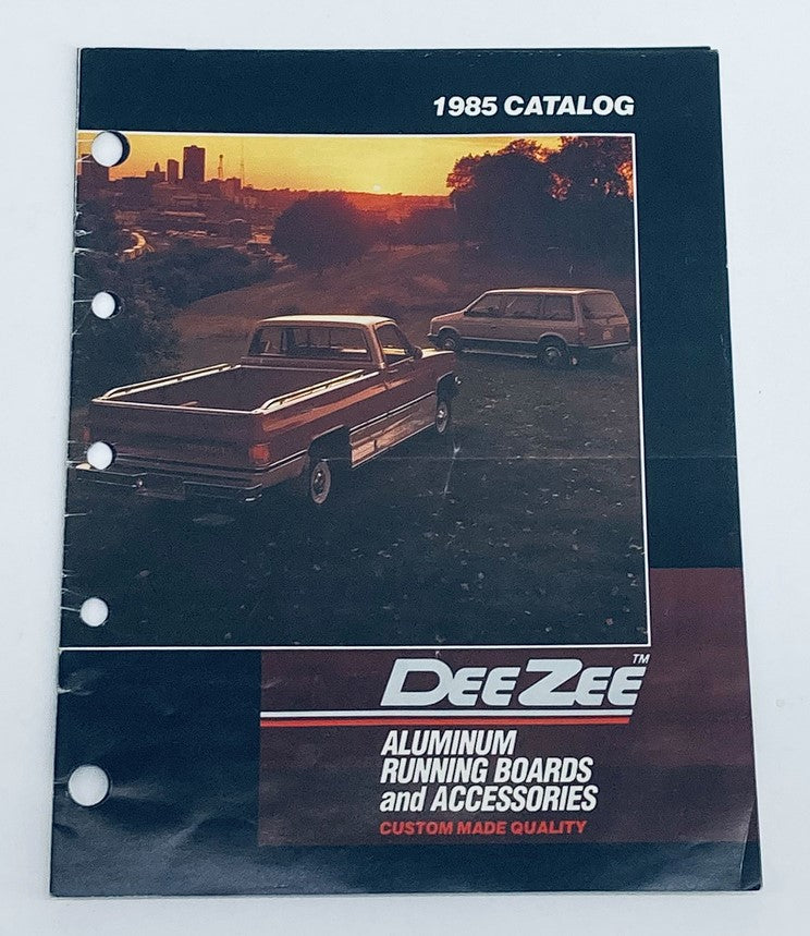 1985 Dee Zee Aluminum and Accessories Dealer Showroom Sales Brochure Catalog featuring a vintage truck and SUV in a scenic setting, showcasing aluminum running boards and accessories.