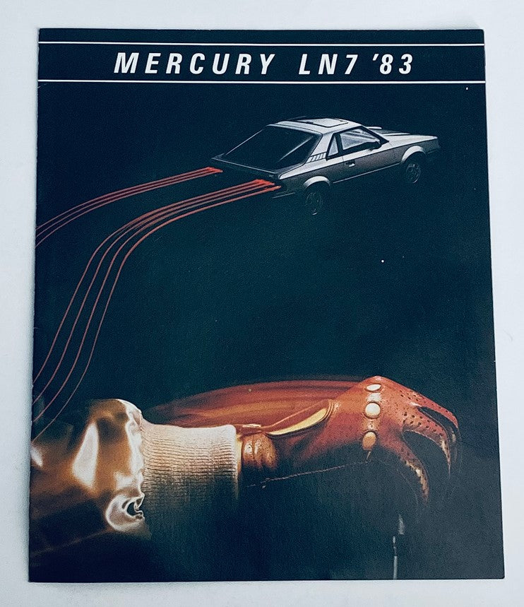 1983 Mercury LN7 Dealer Showroom Sales Brochure showcasing the sleek design of the Mercury LN7 with a striking visual of a car and creative graphics.