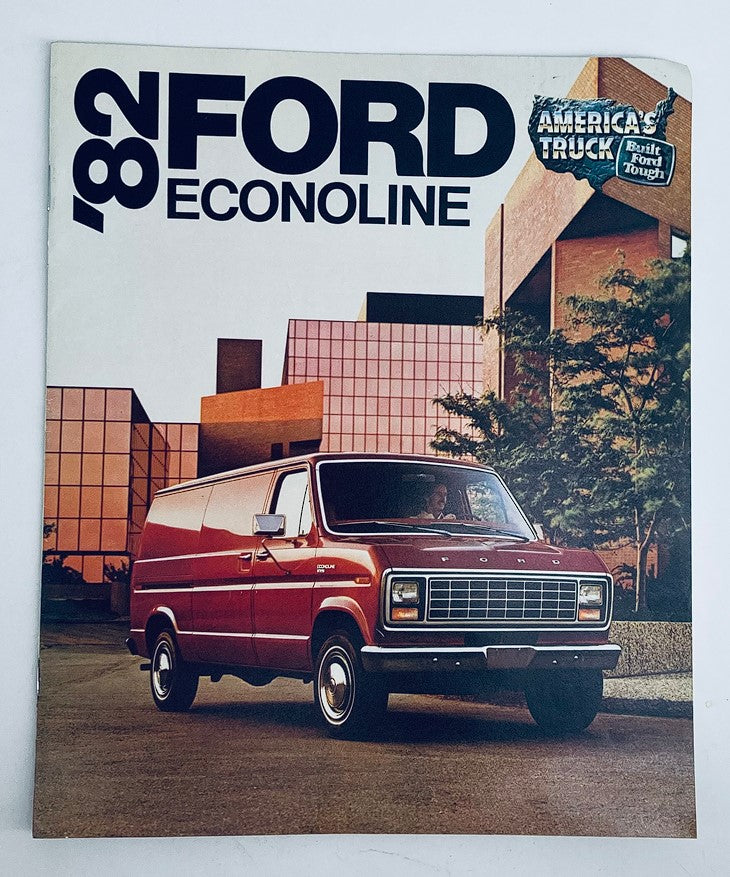 1982 Ford Econoline Truck Dealer Showroom Sales Brochure displaying the front cover featuring a red Ford Econoline van parked outside modern buildings.