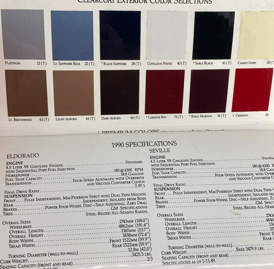 1990 Cadillac Eldorado Exterior color selection guide and specifications sheet including color swatches, engine details, and seating capacity for the Cadillac Eldorado and Seville models.