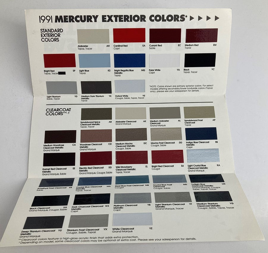 Inside view of the 1991 Mercury Passenger Car Exterior Colors Showroom Sales Brochure, showcasing various standard exterior colors available for the vehicles.