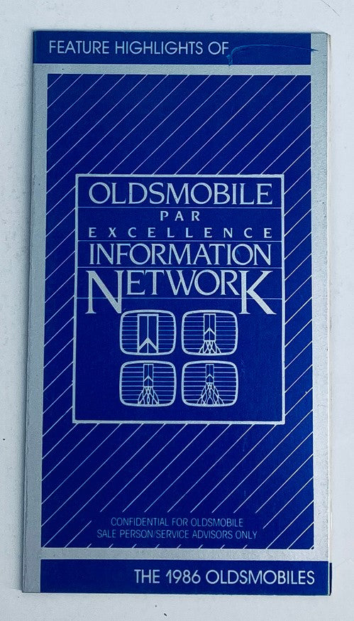 1986 Oldsmobile Information Network Dealer Showroom Sales Brochure featuring highlights and services, emphasizing excellence in product information.