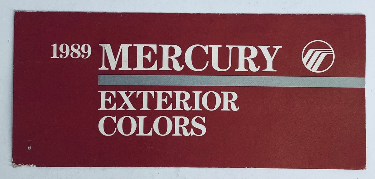 1989 Mercury Exterior Colors Dealer Showroom Sales Brochure Cover - Featuring the title '1989 MERCURY EXTERIOR COLORS' prominently displayed on a red background.