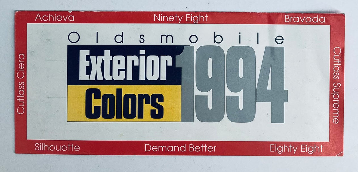 Cover of the 1994 Oldsmobile Exterior Colors Dealer Showroom Sales Brochure Guide Catalog featuring various Oldsmobile model names and an overview of the catalog's contents.