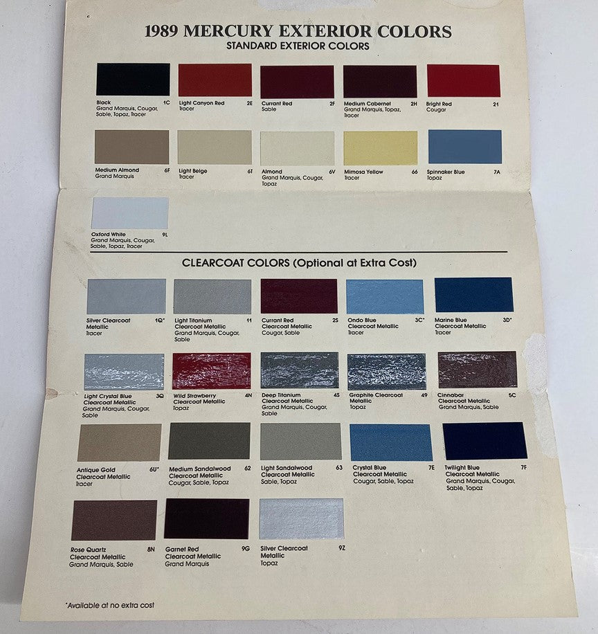 Inside Page of the 1989 Mercury Exterior Colors Dealer Brochure - Showcasing the standard and clearcoat exterior color options for 1989 Mercury vehicles.