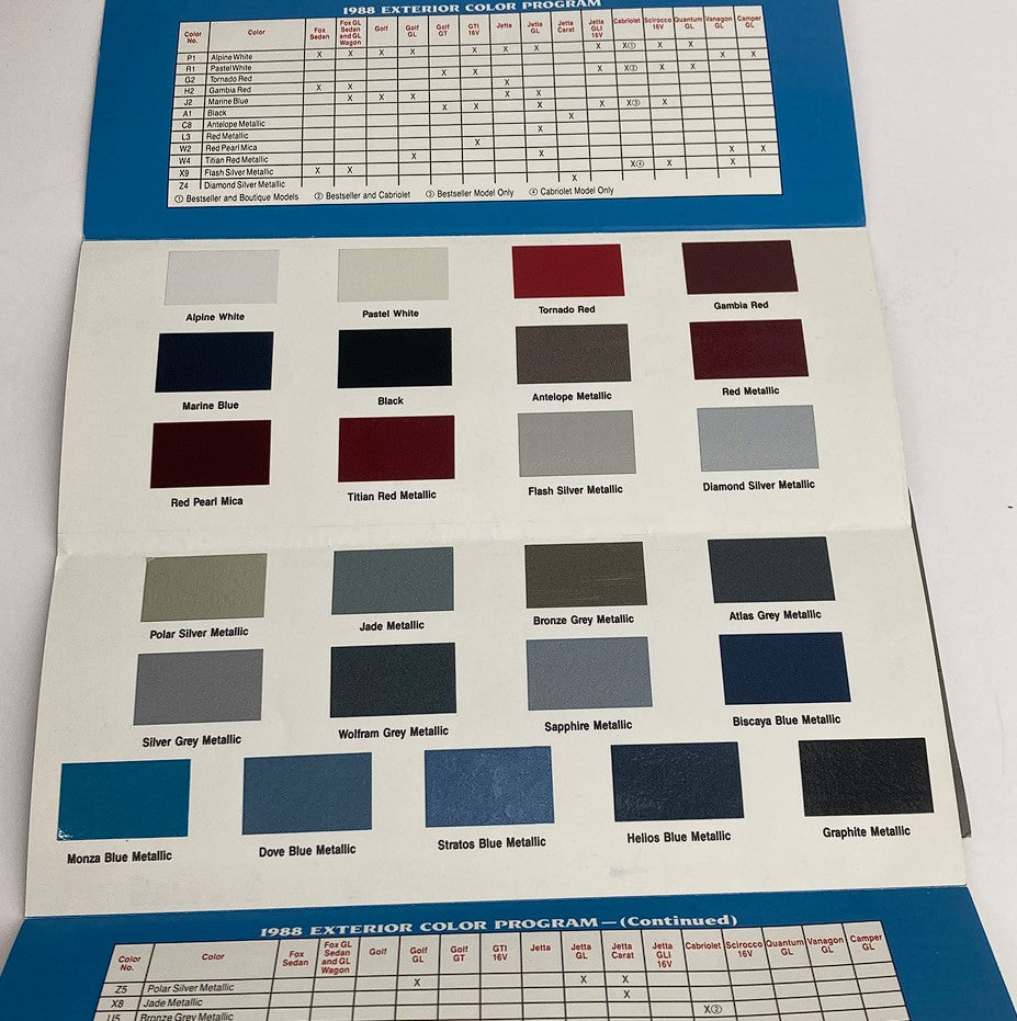 1988 Volkswagen Exterior Color Guide interior page showcasing a range of exterior color options with corresponding color swatches and a color program chart.