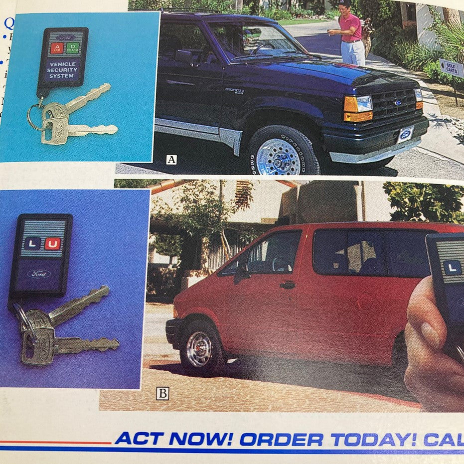 1990 Ford Light Trucks Accessories Dealer Showroom Sale Brochure Image showcasing the Vehicle Security System, with keys and two vehicles in the background.