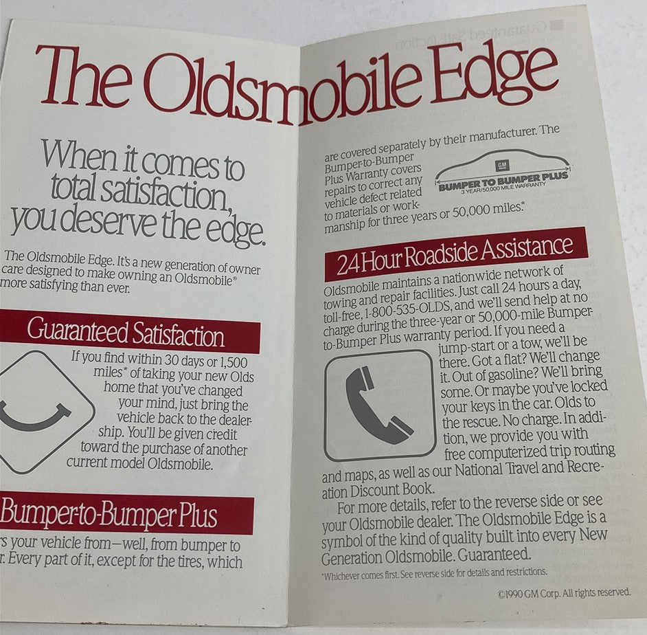 Inside page of the 1990 Oldsmobile Edge Lineup Dealer Showroom Sales Brochure Guide Catalog detailing customer satisfaction guarantees and roadside assistance services.