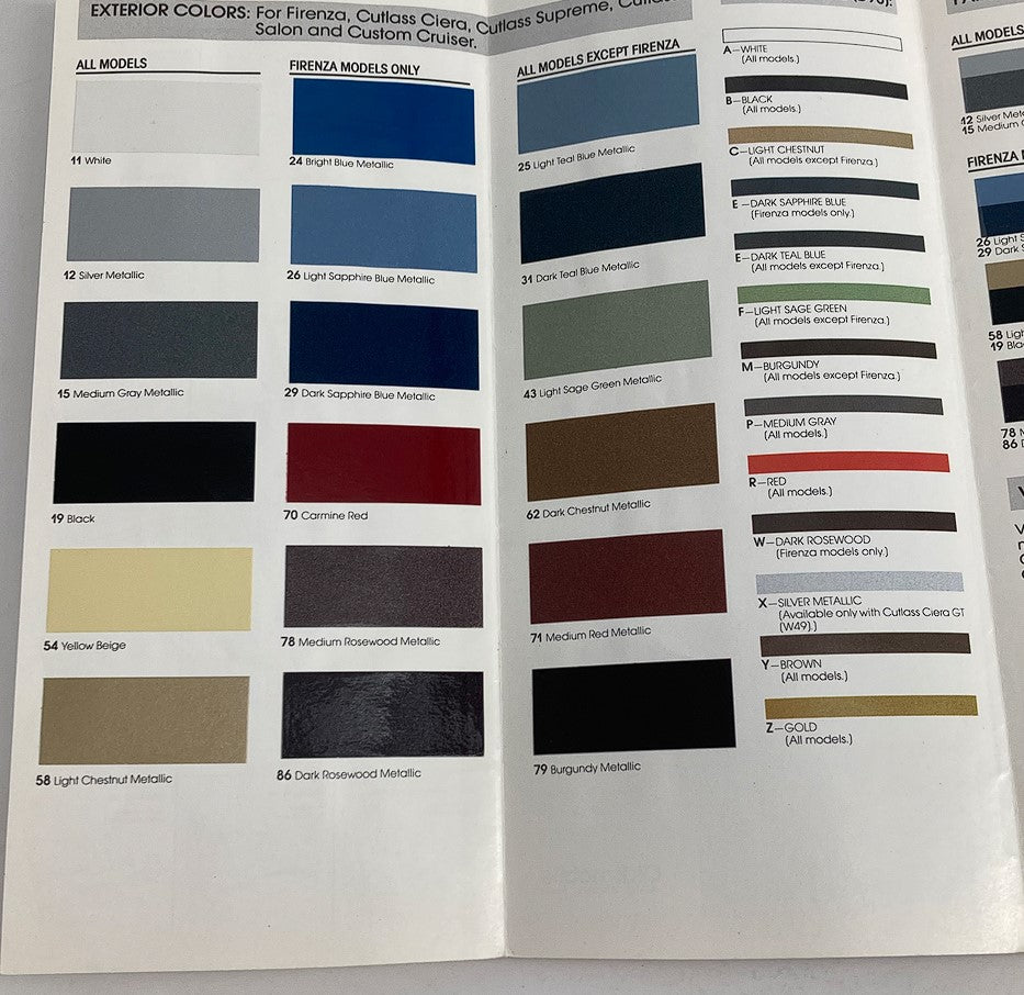 Interior page of the 1987 Oldsmobile Fabric Folder displaying a color chart with various exterior color options for models such as Cutlass and Supreme.