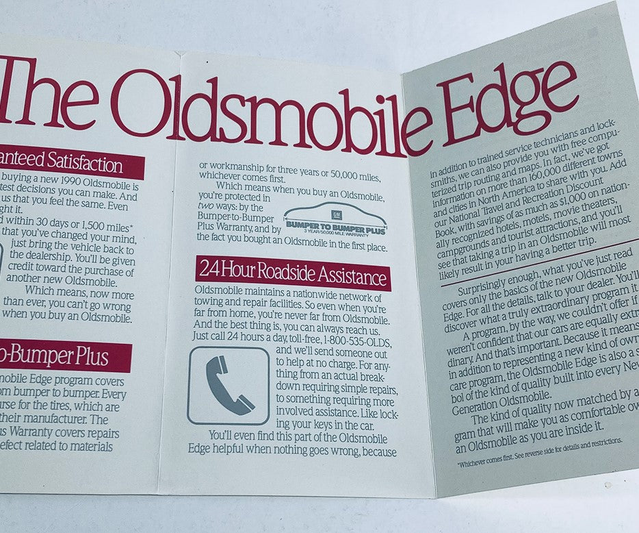 Inside view of the 1990 Oldsmobile Edge Dealer Showroom Sales Brochure detailing customer benefits like 24-hour roadside assistance and warranty information.