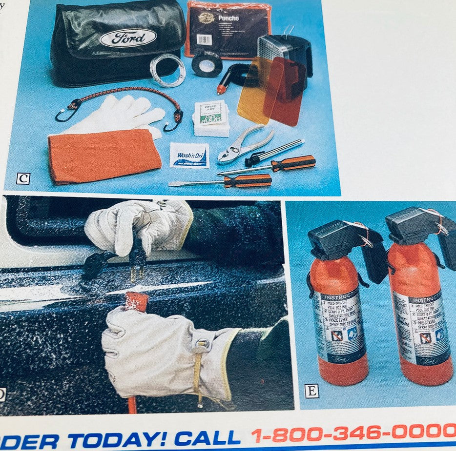 Tools and safety equipment displayed, including fire extinguishers, from the 1990 Ford Light Trucks Accessories Dealer Showroom Sale Brochure Guide Catalog.