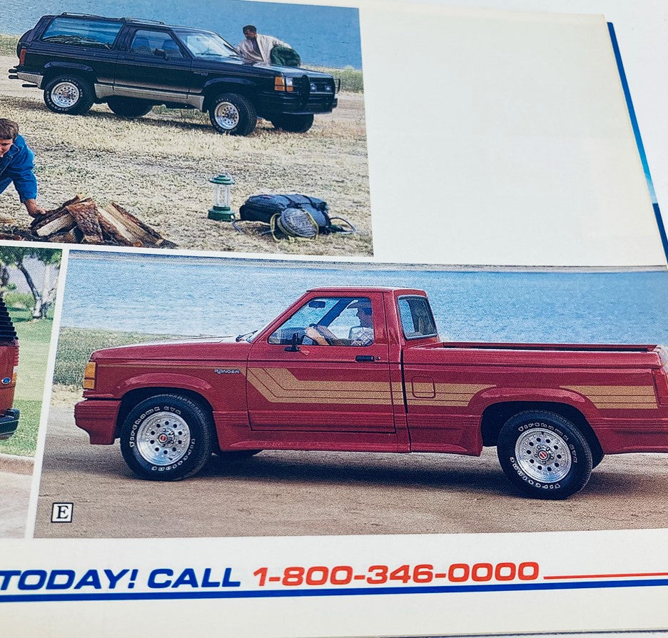 Images of Ford vehicles in outdoor settings, highlighting accessories from the 1990 Ford Light Trucks Accessories Dealer Showroom Sale Brochure Guide Catalog.