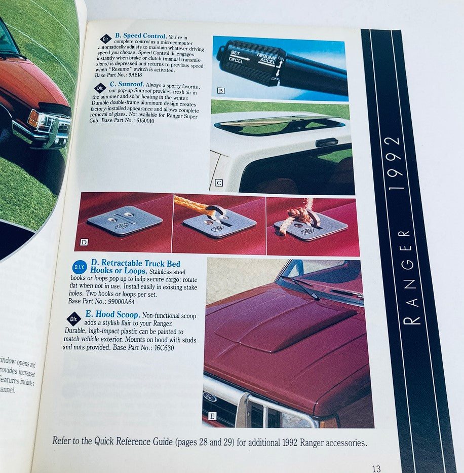 Page 13 from the 1991 Ford Light Trucks Accessories Brochure illustrating accessory options for the Ford Ranger, including speed control and a sunroof.