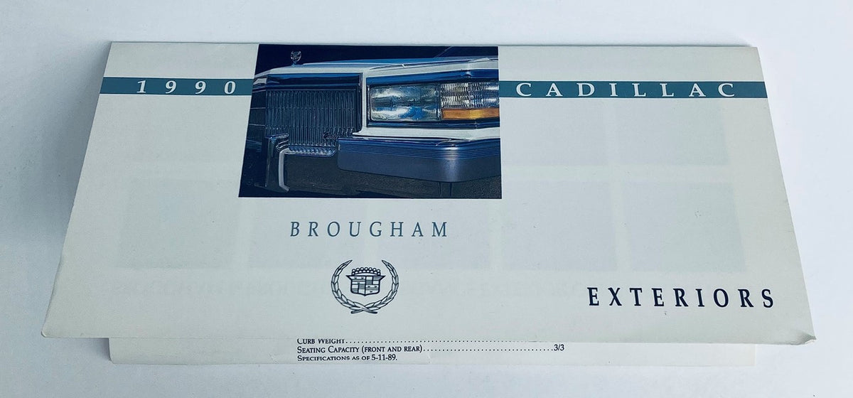 1990 Cadillac Brougham Exteriors Dealer Showroom Sale Brochure showcasing the front view of a Cadillac Brougham, emphasizing its design features.