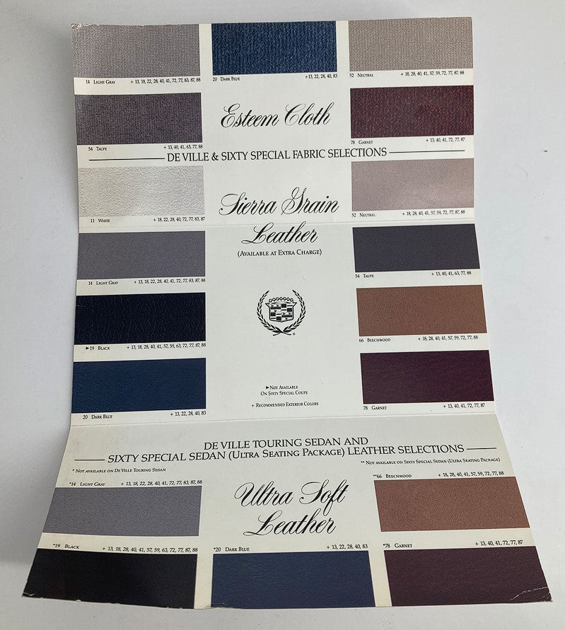 1993 Cadillac De Ville Interiors Dealer Showroom Sale Brochure showcasing leather and fabric selections for De Ville and Sixty Special models, including various color swatches.