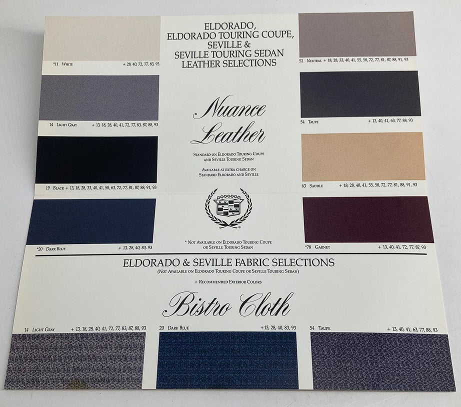 Interior color selections from the 1993 Cadillac El Dorado Interiors Dealer Showroom Sale Brochure, featuring Nuance Leather and Bistro Cloth options.