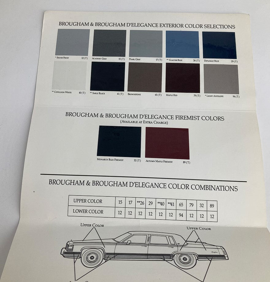 1990 Cadillac Brougham Exteriors Dealer Showroom Sale Brochure displaying the color selections and combinations available for the Brougham model.