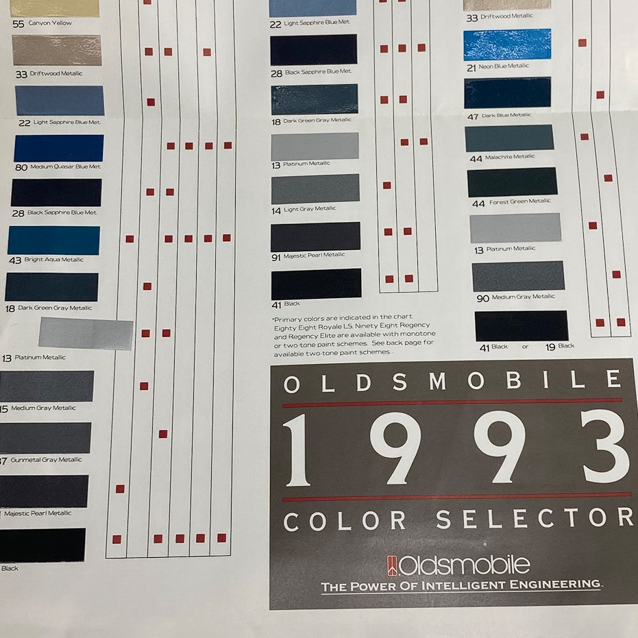 1993 Oldsmobile Color Selector Dealer Showroom Sale Brochure featuring color options including metallic shades and descriptions.