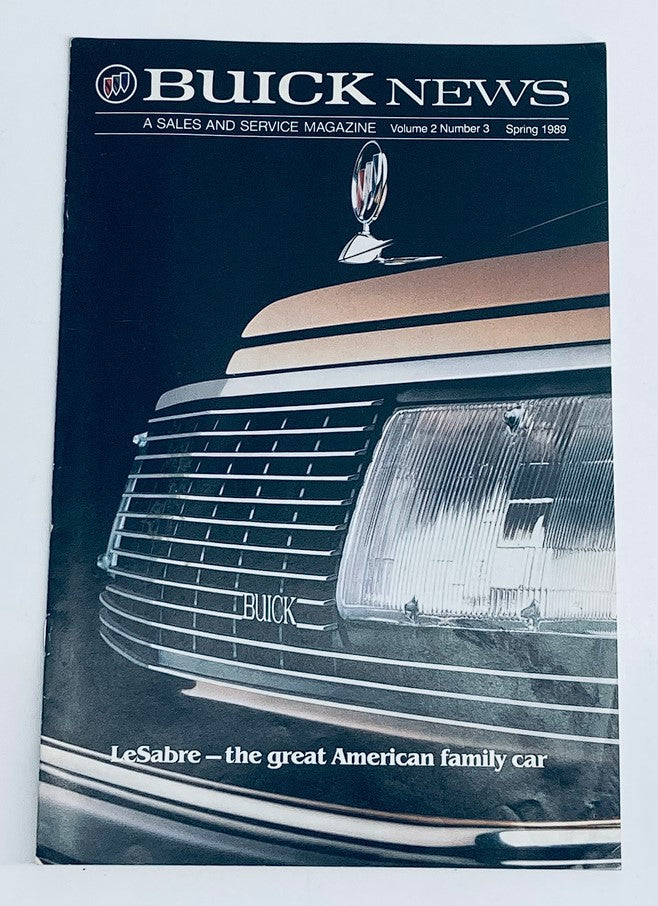 1989 Buick LeSabre Dealer Showroom Sales Brochure Guide Catalog cover featuring a close-up of a Buick emblem and grille, showcasing the design of the LeSabre as the great American family car.