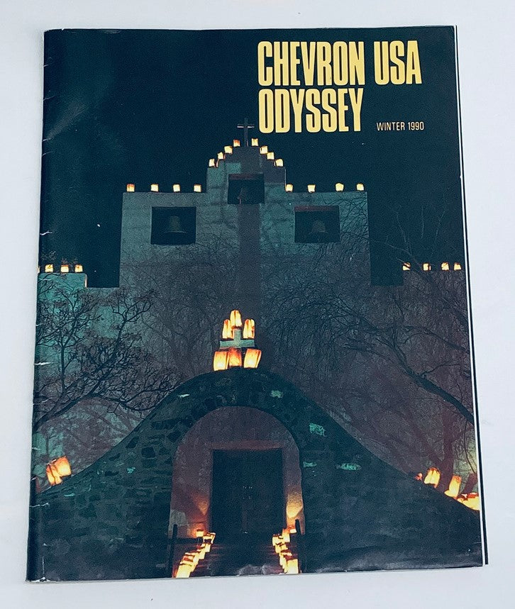 Cover of VTG Chevron USA Odyssey Magazine Winter 1990 The Travel Club Guide featuring a night scene with illuminated architecture and dark trees.