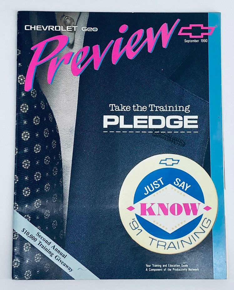 1990 Chevrolet Geo Lineup Preview Dealer Sales Guide Catalog cover featuring a blue blazer and training pledge badge for the September 1990 edition.