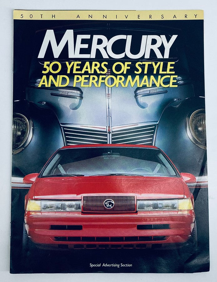 1989 Mercury Cougar XR7 Dealer Showroom Sales Guide Catalog featuring a striking cover design celebrating 50 years of Mercury's style and performance, showcasing a classic red Mercury vehicle with retro elements.