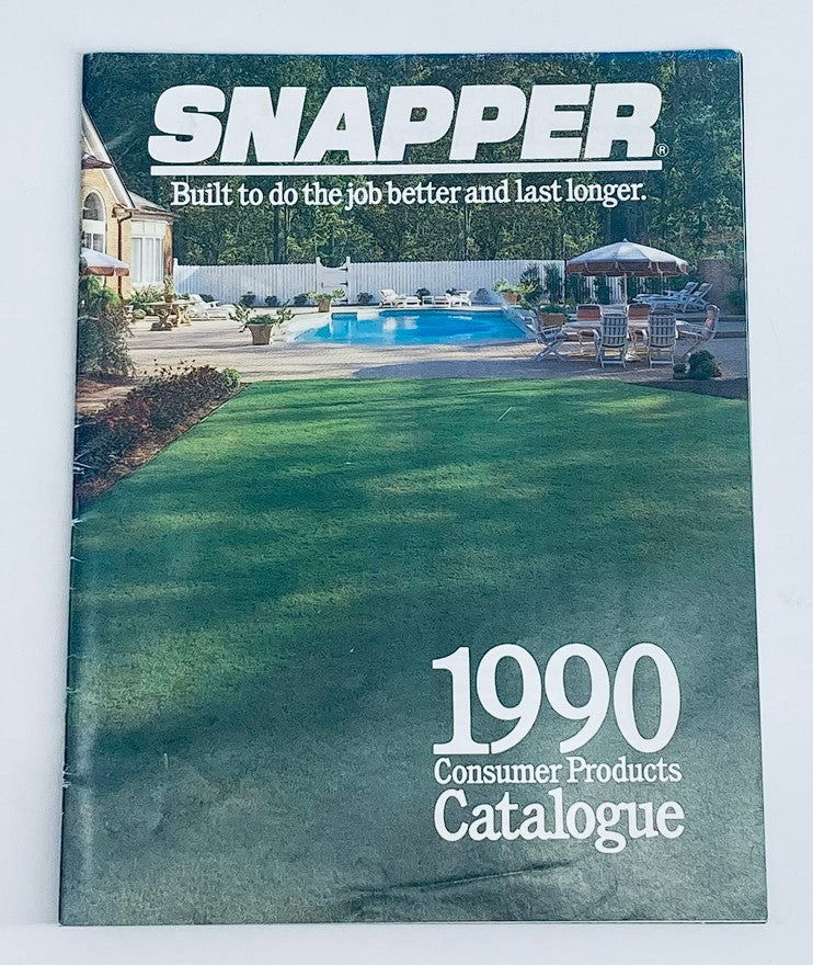 Cover of the 1990 Snapper Lawn Mowers Dealer Showroom Sales Guide Catalog, showcasing a well-maintained lawn and pool area.