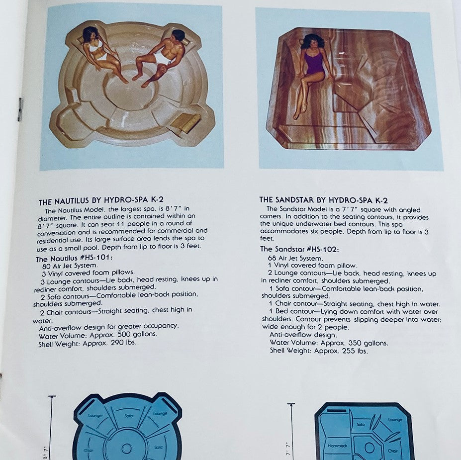 1982 Hydro Spa K2 Durable Acrylic Fiberglass Reinforced Whirlpool Spas Catalog highlighting the Nautilus Model and Sandstar Model with detailed descriptions of features and capacities.