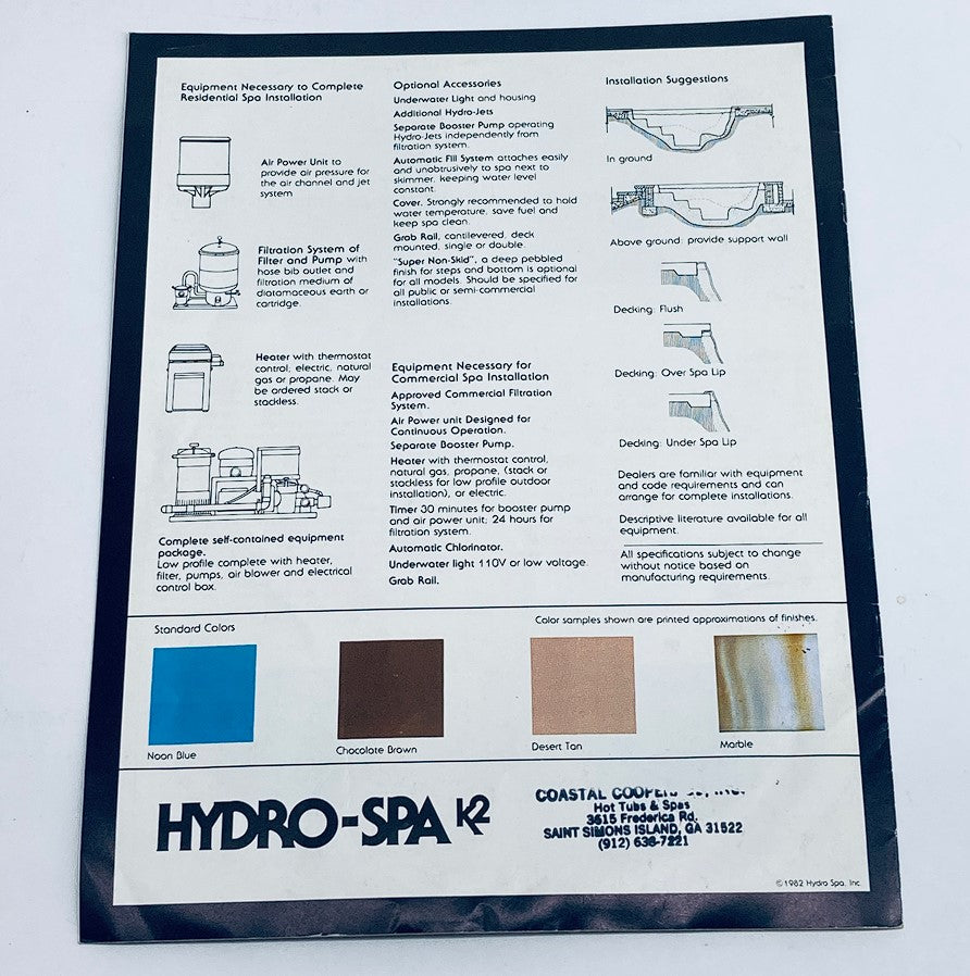 1982 Hydro Spa K2 Durable Acrylic Fiberglass Reinforced Whirlpool Spas Catalog showing equipment requirements and color options for hot tubs and spas.
