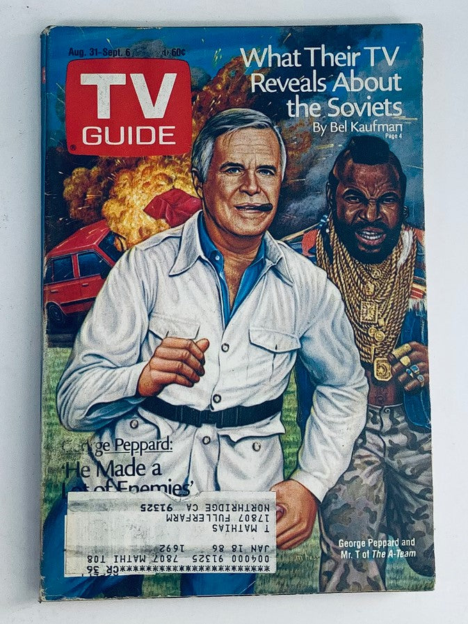 Cover of TV Guide Magazine August 31, 1985 featuring George Peppard and Mr. T, showcasing iconic 1980s television culture and advertising.