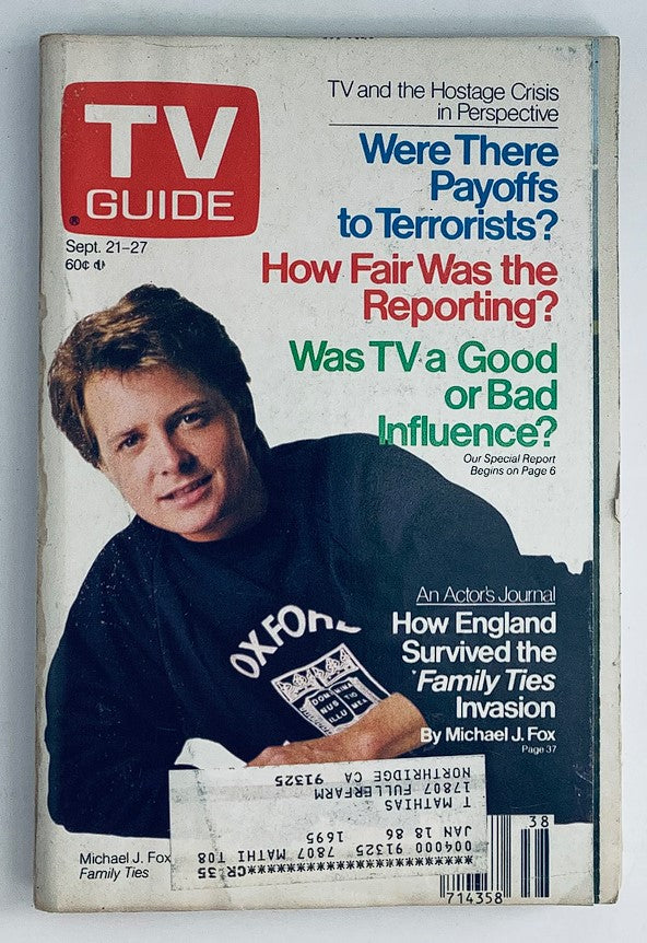 Cover of TV Guide Magazine September 21, 1985 featuring Michael J. Fox from Family Ties, showcasing headlines related to media influence and reporting.
