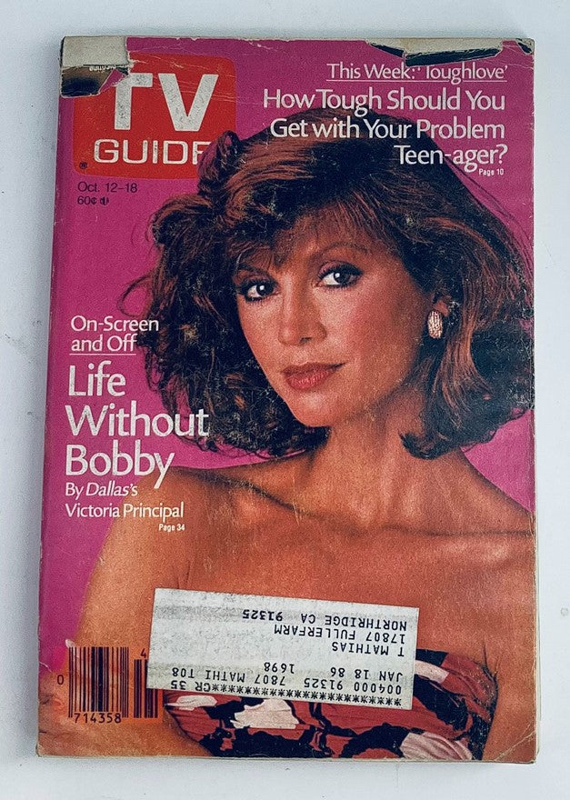 Cover of TV Guide Magazine October 12 1985 featuring actress Victoria Principal, highlighting articles on 1980s television culture, including her role in 'Dallas'.