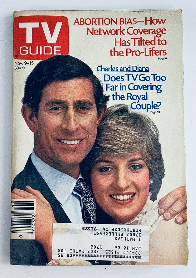 TV Guide Magazine cover from November 9, 1985, featuring Prince Charles and Princess Diana. The cover headline discusses abortion bias and network coverage related to royal events.