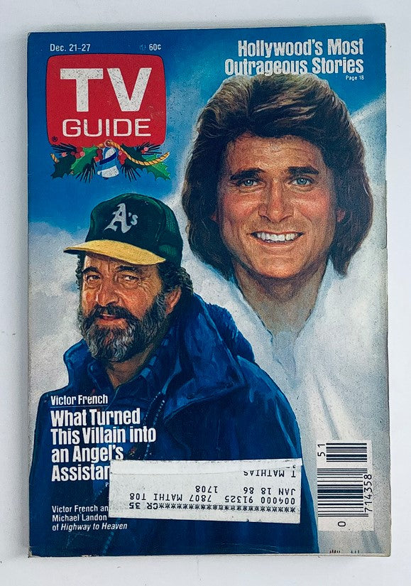Cover of TV Guide Magazine December 21, 1985 featuring Victor French and Michael Landon, highlighting 'Hollywood's Most Outrageous Stories'. This vintage magazine showcases the iconic duo from Little House on the Prairie.