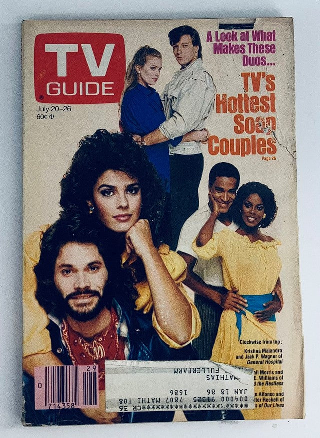 TV Guide Magazine cover from July 20, 1985 featuring Kristian Alfonso and Kristina Malandro, showcasing popular television couples of the time.