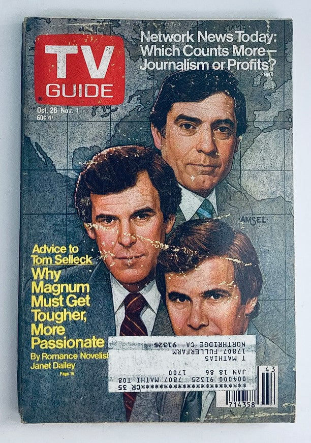 Cover of TV Guide Magazine dated October 26, 1985, featuring prominent journalists Tom Brokaw and Peter Jennings, with the title 'Network News Today: Which Counts More, Journalism or Profits?' This vintage magazine highlights insights from the mid-1980s television era and is a collectible for fans of media history.