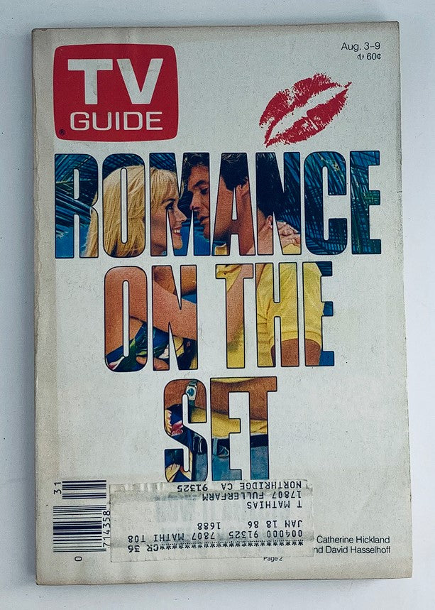 TV Guide Magazine cover from August 3, 1985 featuring Catherine Hickland and David Hasselhoff, with the title 'Romance on the Set', showcasing a nostalgic moment in television history.