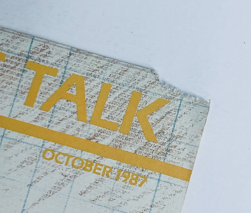 Close-up of the cover of VTG Sales Talk Magazine from October 1987 featuring the title 'SALES TALK' and the date prominently displayed, showcasing its vintage editorial design related to automotive history.