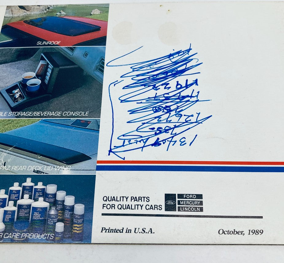 Interior page of the 1990 Lincoln-Mercury Accessories Dealer Showroom Sales Brochure Catalog featuring handwritten notes and illustrations related to quality parts for Ford and Mercury vehicles.