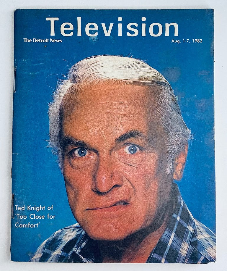 Cover of the Detroit News Magazine dated August 1, 1982 featuring Ted Knight, known for his role in 'Too Close for Comfort', showcasing a vivid blue background and an expressive photograph of the actor.