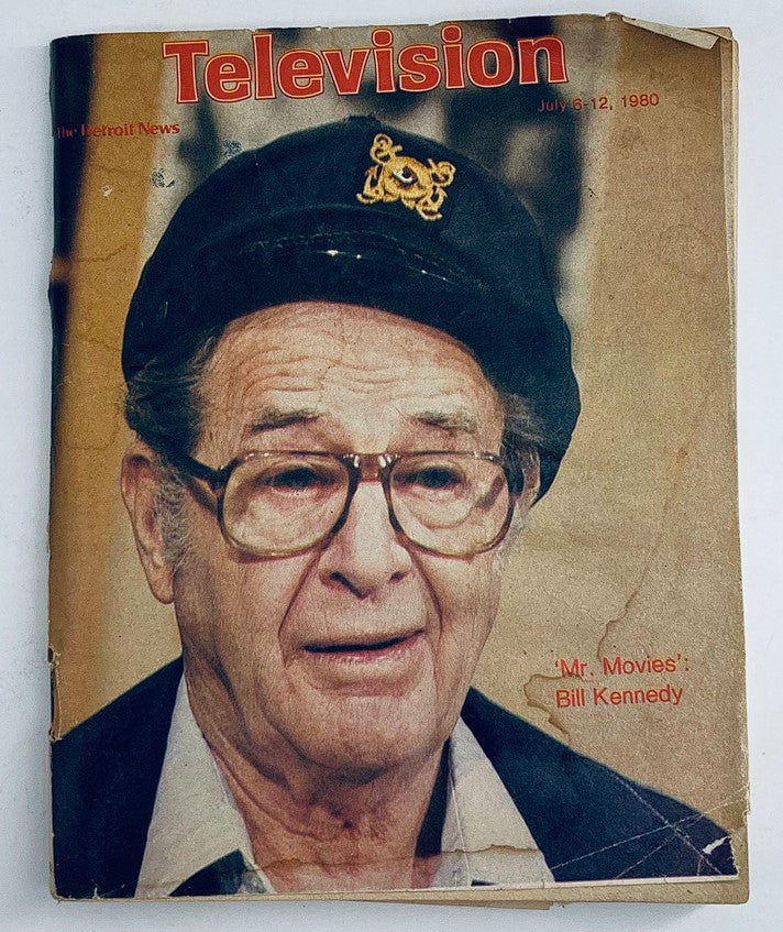 Vintage magazine cover of 'The Detroit News Magazine' from July 6, 1980 featuring Bill Kennedy, also known as 'Mr. Movies', showcasing the essence of television culture.