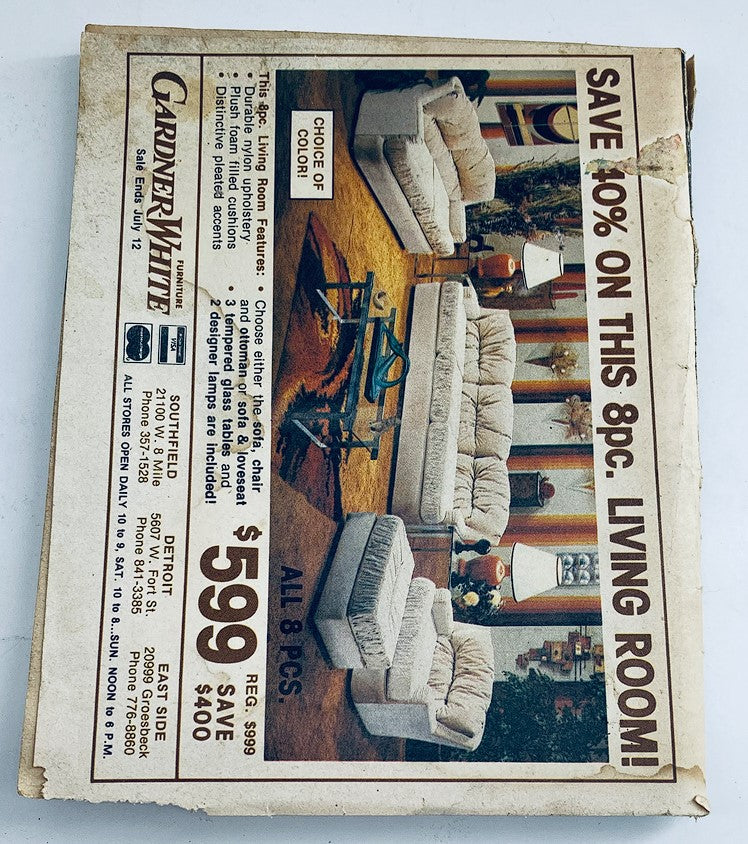 Vintage advertisement for an 8-piece living room set from Gardner-White, featuring plush furniture and offering a discount; relevant to the DTN Magazine July 6, 1980 with Bill Kennedy.