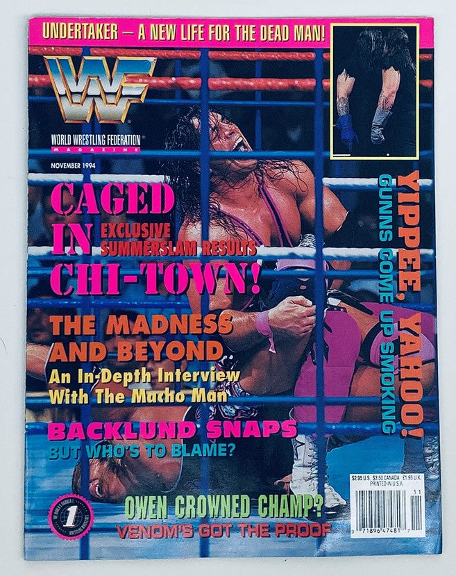 WWF World Wrestling Federation Magazine November 1994 cover featuring a focus on Bret Hart vs Owen Hart, with vibrant colors and images of wrestlers highlighted. Includes headlines like 'CAGED IN CHI-TOWN!' and 'OWEN CROWNED CHAMP?'. A collectible item for wrestling fans and vintage magazine enthusiasts.