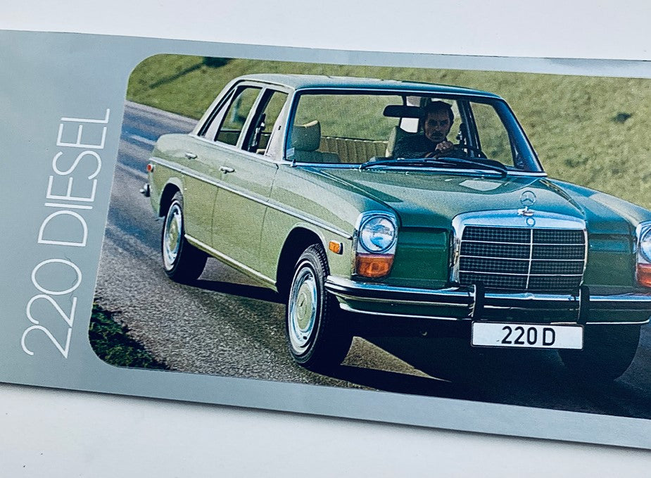 1972 Mercedes-Benz 450 SE Lineup Dealer Showroom Sales Brochure showcasing a green 220 Diesel model driving on a highway.