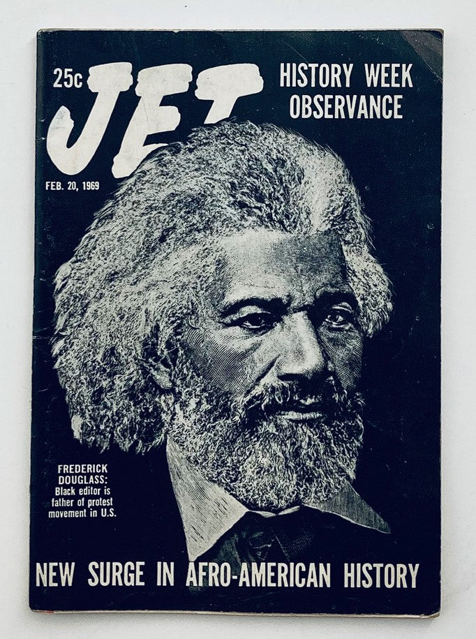 Cover of VTG Jet Magazine dated February 20, 1969 featuring Frederick Douglass as Black editor with the text 'New Surge in Afro-American History' and 'History Week Observance'.