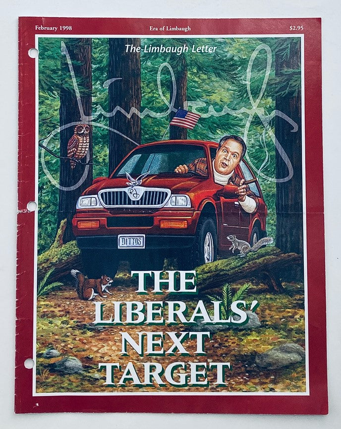 Cover of the Rush Limbaugh Letter newsletter magazine from February 1998, titled 'The Liberals' Next Target', featuring an illustration of Rush Limbaugh in a red car in a forested setting.