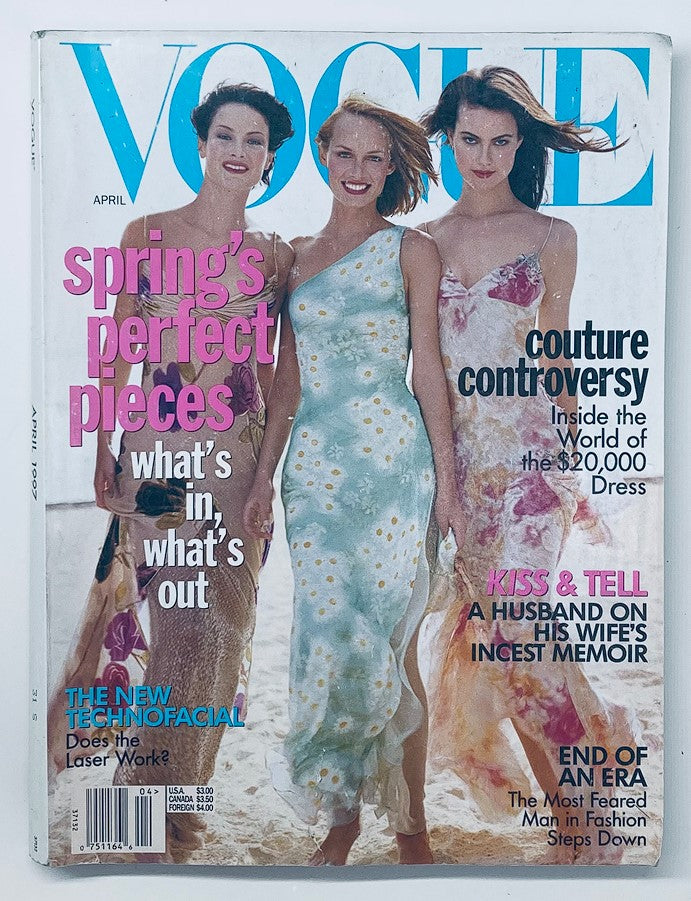 Vogue Magazine April 1997 cover featuring supermodels Amber Valletta, Carolyn Murphy, and Shalom Harlow in elegant dresses, showcasing 90s fashion trends and editorial themes.